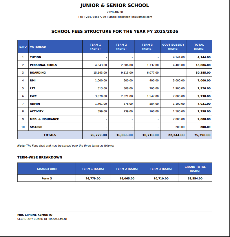Fee Structure Sample